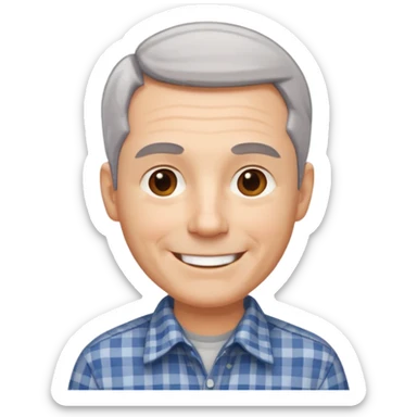 middle aged man, short gray hair, wearing a checked shirt, smiling sticker