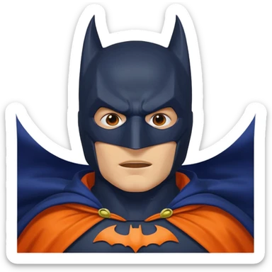 generate a batman emoji with just the face and neck showing and part of the cloak and and wings. Shade the mask in dark navy blue.  Shade the cloak in a solid vibrant orange. Shade the bat logo in a bright  olive green. sticker