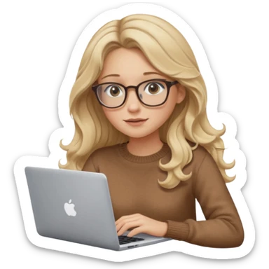 blonde girl with long dark blonde wavy hair, pantos-style glasses, a brown sweater, sitting with a laptop, soft pastel, upper body shot sticker