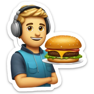 gordo con anteojos y auriculares camiseta que dice renzown y una hamburguesa grasosa en la mano sticker