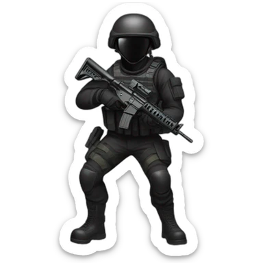 Tactical military soldier dressed in black, wearing a helmet and holding ar15helmet sticker