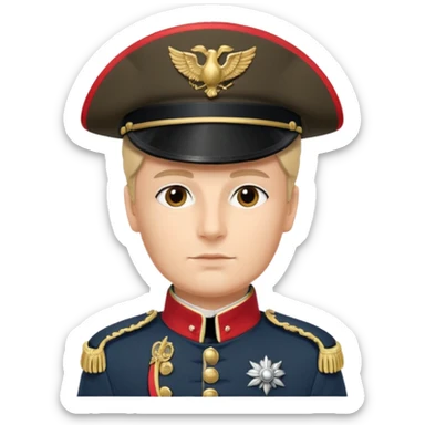 Napoleonic officer in classic military uniform with bicorne hat and epaulettes, confident pose, detailed, suitable for icon or emoji sticker
