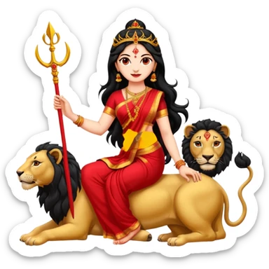 maa durga, long black hair, sitting on lion, holding trident, big bindi sticker