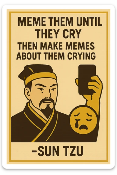 "Meme them until they cry, then make memes about them crying" -Sun Tzu 

as an inspirational poster, minimalism, semiotic signage, graphics for limited visibility signage sticker