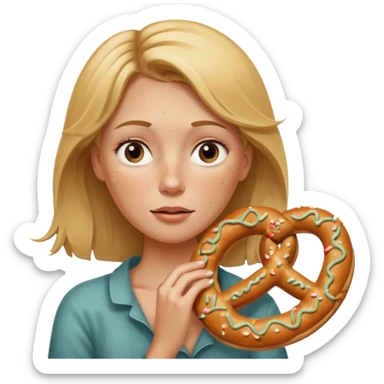 One eye closed, Dirty blond woman, fair skin with freckles,  holding pretzel sticker