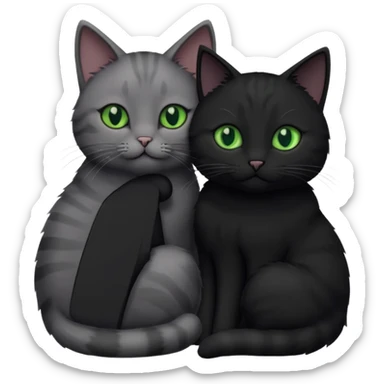 1 grey cat with green eyes and 1 black with green eyes cat cuddling sticker