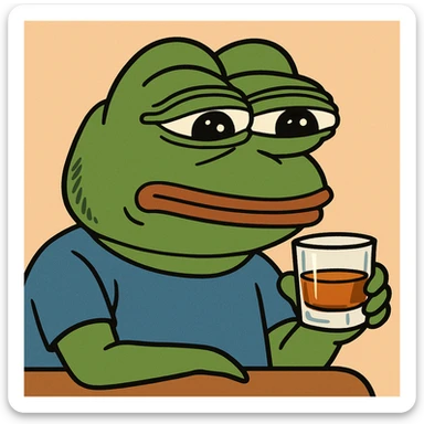 Pepe the Frog sitting and sipping whiskey from a glass, in pepe meme style sticker