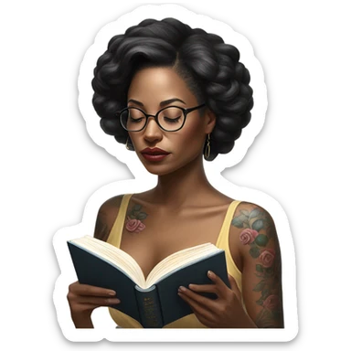 Hyper Realistic beautiful woman model with a small rose tattoo reading a book  sticker
