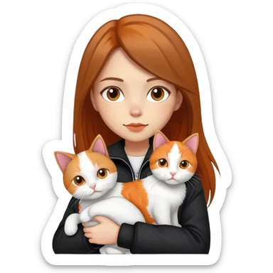 Light-skinned girl with brown straight hair wearing a black jacket, holding one pure white cat and one calico cat with orange black patches sticker