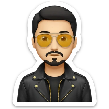 A man with middle part haircut black hair sunglasses with yellowish glasses And black jacket. Goatee short black beard sticker