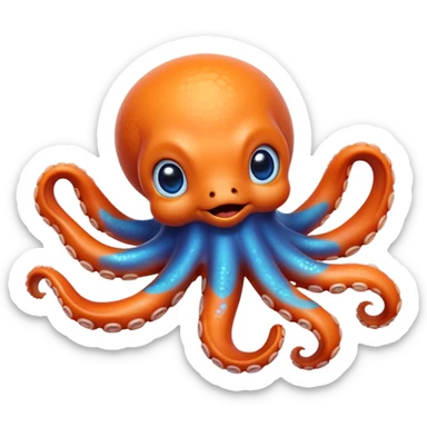 Cinematic Realistic Cute Octopus Portrait Emoji, Head tilted playfully and inquisitively, featuring a gracefully curving, compact body in vibrant orange adorned with delicate blue rings, and a charming, expressive face with round, sparkling eyes full of curious wonder; rendered with lifelike detail and soft natural highlights, high shine, affectionate and enchanting, styled with a touch of whimsical ocean magic, soft glowing outline, capturing the essence of a mischievous yet lovable octopus that seems poised to slither playfully into your arms! sticker