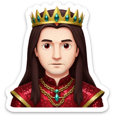 Vlad Tepes with long dark brown hair, dark red sequin outfit sticker
