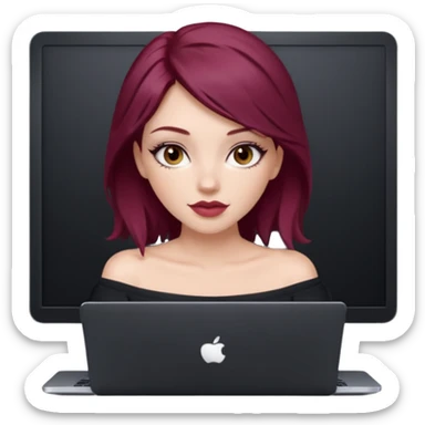 white girl, long blow-out style with middle part, burgundy hair, brown eyes, long eyelashes, full lips, off the shoulder black fitted top, laptop in front  sticker
