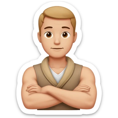 guy with arms crossed holding neck sticker