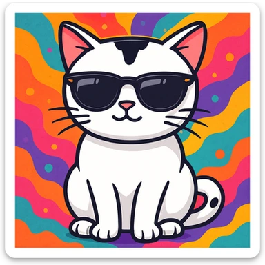 Add a vibrant, colorful background behind the cat wearing sunglasses, keeping the sticker style look and feel. sticker