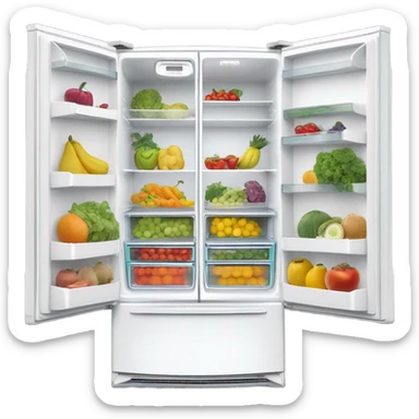 A white double door fridge with both doors open. Inside it has shelves with fruit and vegetables in organized containers  sticker