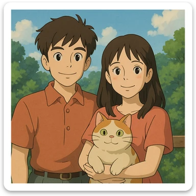 couple with pet posing for photo sticker