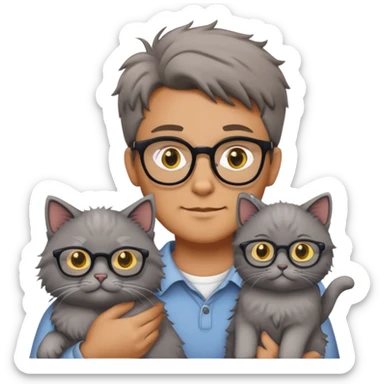 a tan-skinned man with glasses holding a gray fluffy cat with small yellow eyes sticker