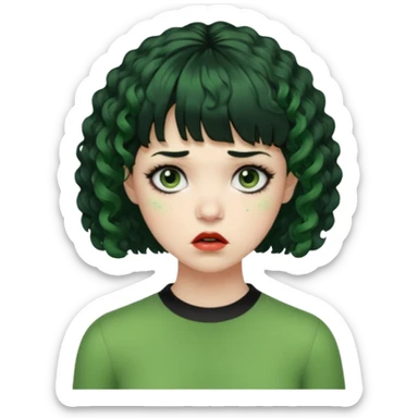 quero que você cria uma mulher, o rosto dela. nela, ela tem cabelo curto e ondulado, tem franja e ela tem semblante triste, deixe ela com pele verde e com cabelo cacheado( ela tem que ter semblante assustador e muito triste, ela pode ter olhos totalmente preto ou vermelho) sticker