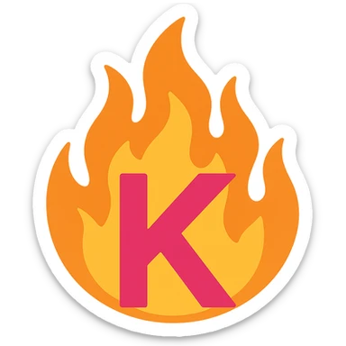 vibrant letter 'K' in color surrounded by stylized fire exaggerated to look dramatic and expressive sticker