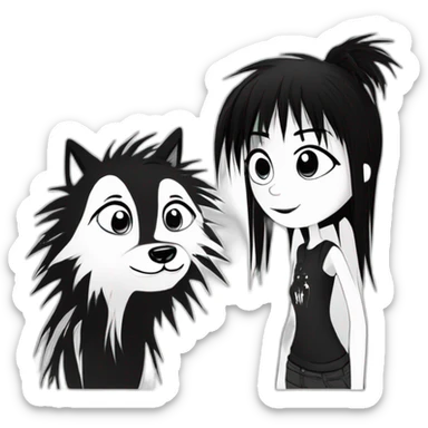 a dog and a girl with black spiky hair looking at each other in style of ((sarah andersen)), black and white,sarah andersen,cartoon,drawn,sketch sticker
