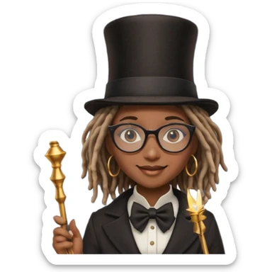 Black female with dread lock hair and large glasses in a top hat with a magic wand sticker