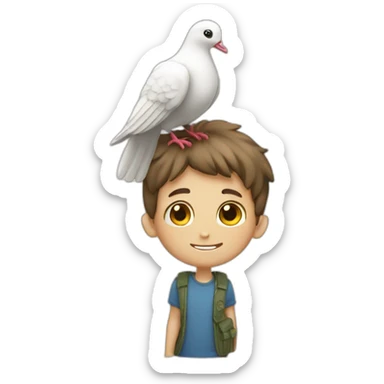 boy with a dove on top of his head and having peace sign hand" sticker