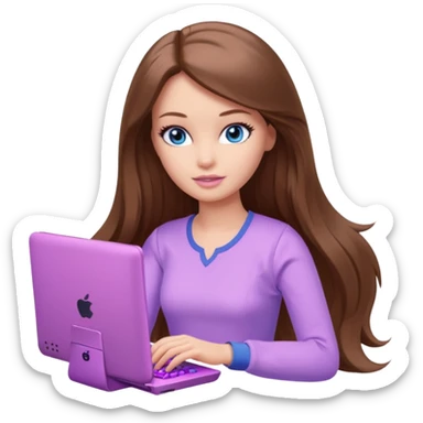 beautiful barbie girl with long brown hair, blue eyes and wearing light purple clothes playing pc games sticker