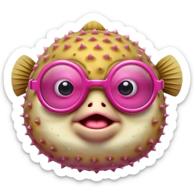 make a pufferfish with dark pink glasses that is fat doing a frown smerk sticker