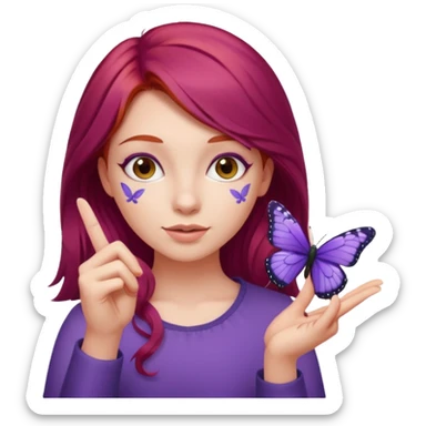 red haired girl finger holding purple butterfly sticker