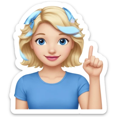 Girl Blonde short wavy hair,  blue eyes, cute blue top, long lashes, pink lips, smiling, fist bump sticker