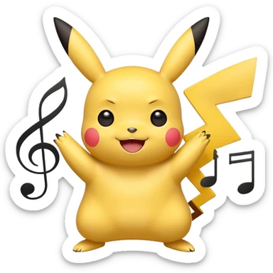 Pikachu inspired by the Rednote app emoji style, yellow body, musical symbols, cute happy face sticker