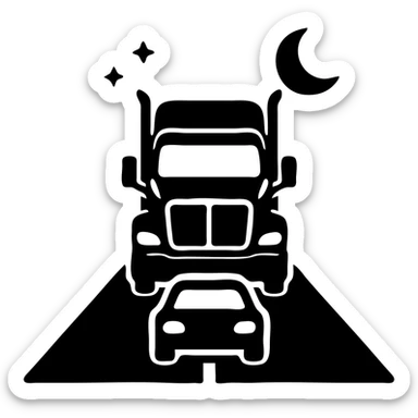 minimal flat icon style of 2026 Black Kenworth T680 Sleeper semi truck with tall chrome muffler stacks, headlights on, driving down a road with a car in front, night scene sticker