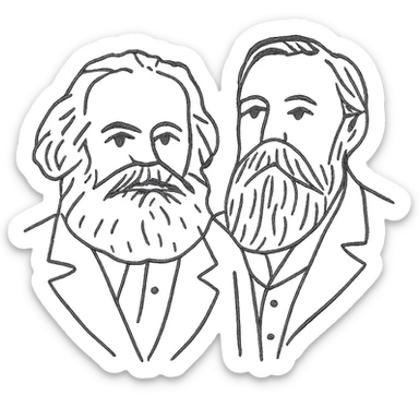 a black outline portrait of Karl Marx and Engels together based on a famous portrait of them, with eyes the same size sticker