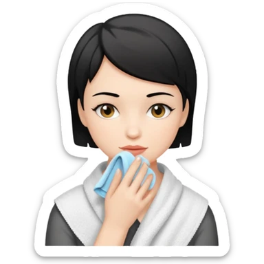 a white woman who has black short hair cleaning her face sticker