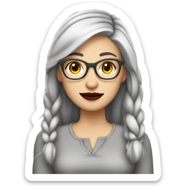 Attractive Caucasian woman with long straight grey hair worn in a braid, she has brown eyes, and is wearing wire frame glasses with dark red lipstick, she has a slightly  chubby face sticker