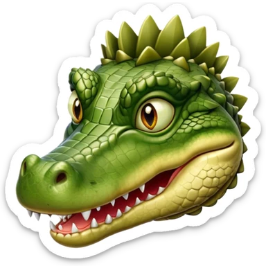 Cinematic Realistic Noble Crocodile Portrait Emoji, Poised and formidable, with a massive, muscular build and a rugged, intricately textured scaly hide in deep olive-green with natural camouflaged patterns, a powerful, fearsome jaw and piercing, ancient eyes rendered in lifelike detail, high shine, intelligent and imposing, styled with an air of primal authority, focused and attentive, soft glowing outline, capturing the essence of a watchful and confident crocodile that appears ready to surge out of the screen with effortless power! sticker