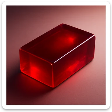 a rectangular ruby block, deep crimson, highly polished, glowing from within, jewel-like shine, translucent edges, on a soft gradient background sticker