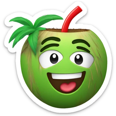 "Create a fun emoji of a green coconut with a red straw on top. The coconut is wearing a yellow t-shirt and making a 'C' gesture with one hand and a 'thumbs up' with the other. The character should appear cheerful and inviting." sticker