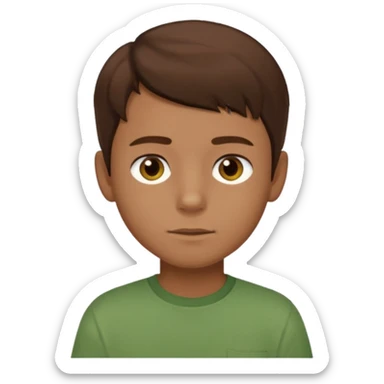 a boy with brown eyes and hair with a green shirt sticker