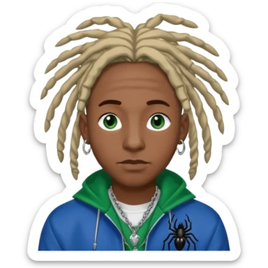 create a black male with locs and silver ear piercings and a left nose piercing and a spider necklace that’s black along with a varsity jacket that’s blue and green sticker