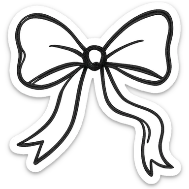 minimalist hand drawn black outline of a bow with flowing ribbon ends with white clean background sticker