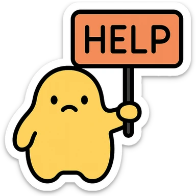 little yellow blob guy holding a sign that says 'help' sticker
