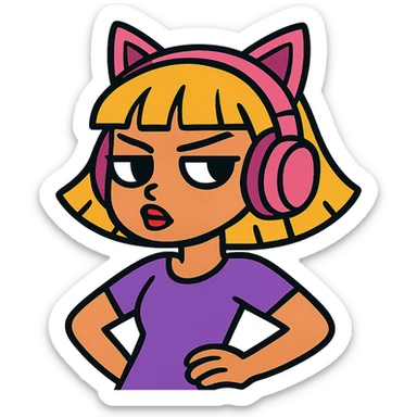 sassy blond girl with short bangs and pink kitty-ear headset sticker
