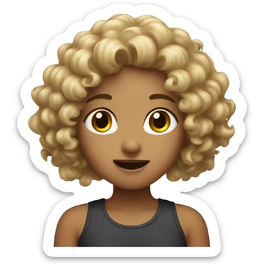 a dark blong, curly hair girl talking with  sticker