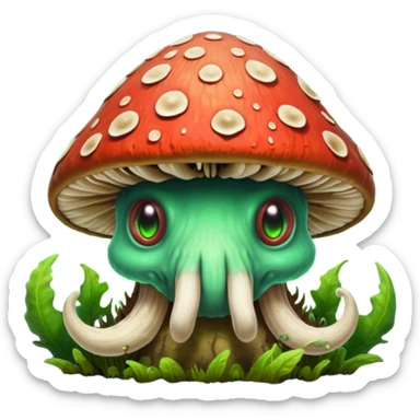 poisonous mushroom beast portrait, head and shoulders only, creature made mostly of mushroom flesh, thick mushroom cap head, layered fungal textures, toxic green spore glow, animal-like eyes, fantasy monster pet vibe, 3D cartoon, mobile game icon style, clean background, no text, no watermark

 sticker