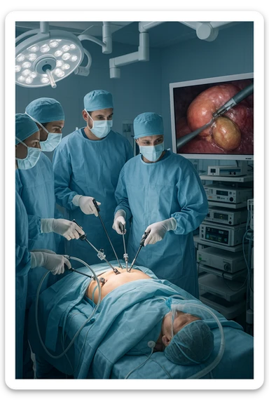 A realistic, clinical image inside a modern operating room during a laparoscopic cholecystectomy (gallbladder removal surgery). A team of surgeons in sterile gowns, masks, and gloves focus intently on the patient lying on the operating table. High-tech laparoscopic instruments are inserted through small incisions in the patient’s abdomen. On a large screen nearby, a close-up video feed shows the gallbladder being carefully dissected and removed using precise surgical tools. The environment is brightly lit with cool white surgical lights, and all medical equipment is clean and state-of-the-art. The mood is professional and sterile, conveying a sense of precision, care, and medical expertise. The patient is under anesthesia, covered with sterile drapes, with monitoring devices attached sticker