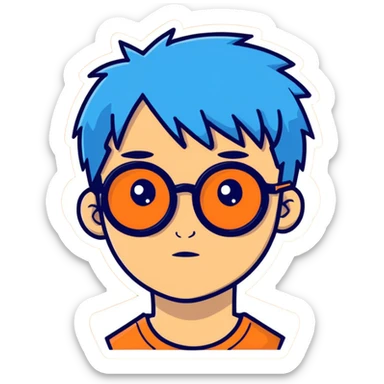 person with blue hair, glasses, and a tattoo sticker