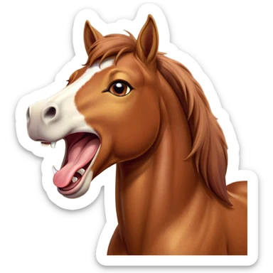 Cinematic Cute Yawning Chestnut Horse Portrait Emoji, Head tilted slightly with a dramatic, wide-open yawn, revealing a smooth chestnut fur with a subtle shimmer, floppy ears slightly drooping, round amber eyes barely open in drowsy contentment, Simplified yet irresistibly adorable features, highly detailed, glowing with a soft, cozy glow, high shine, relaxed yet expressive, stylized with a touch of equine whimsy, bright and endearing, soft glowing outline, capturing the essence of a sleepy yet affectionate horse, so drowsy it feels like it could stretch out of the screen and curl up for a nap! sticker