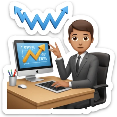 A person sitting at a desk working and looking at a computer with upward arrows and percentage signs, suggesting digital sales, marketing, or outreach. sticker